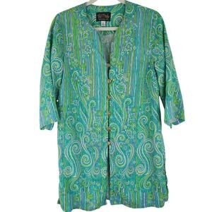 Bob Mackie Wearable Art Green Blue Coastal Tunic Top Women's Medium Linen Blend